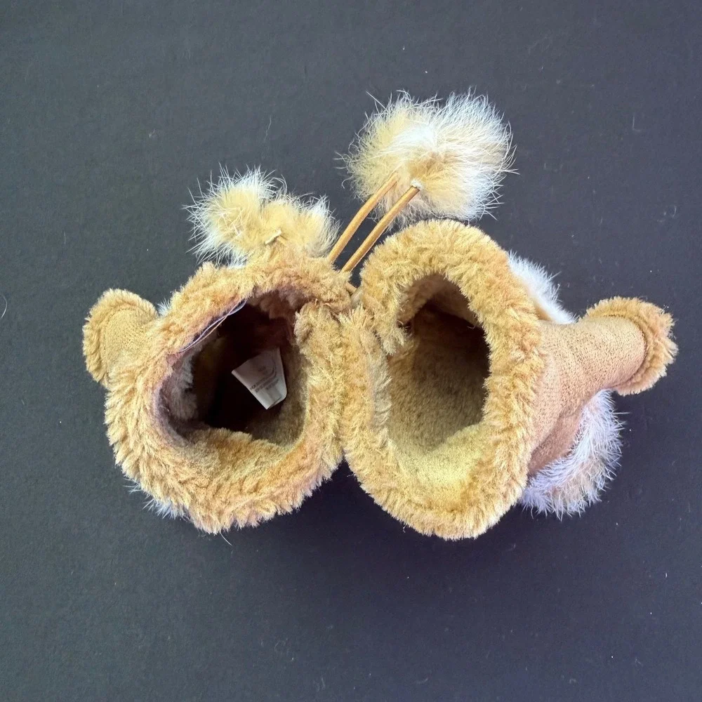 All Jazzed Up Faux Suede Fur Trim Fingerless Gloves Tan Pom Pom Y2K Winter OS